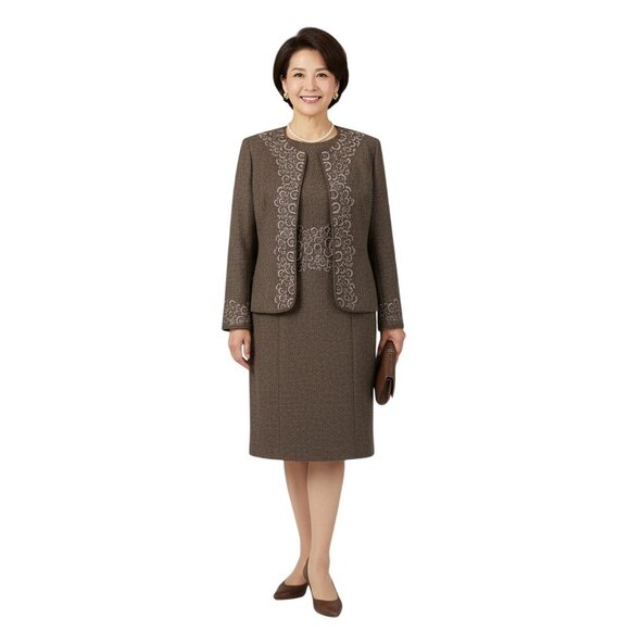 Oscar De La Renta Vintage 90s Quiet Luxury Brown Embroidered Dress Suit Size 12 - Picture 1 of 12